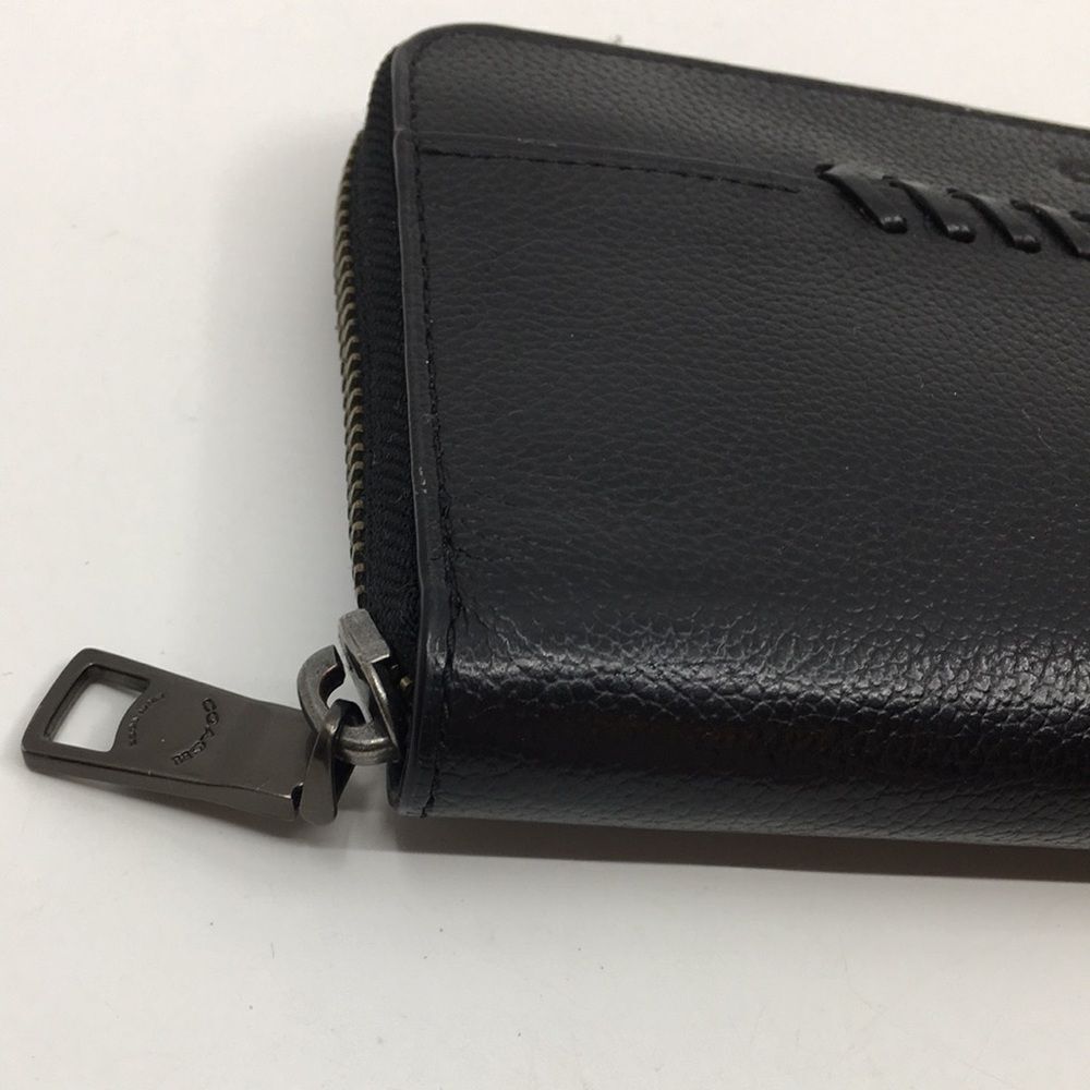 Coach Baseball Stitch Accordion Zip Wallet Black Smooth Calf Leather Unisex - Picture 4 of 16